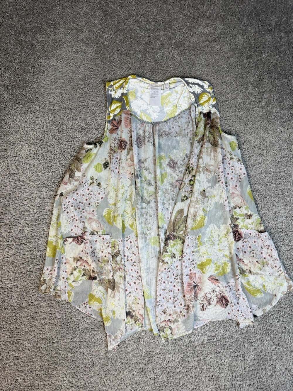 LOGO By Lori Goldstein Tunic Womens M Gray Floral Sleeveless Scoop Neck Chiffon